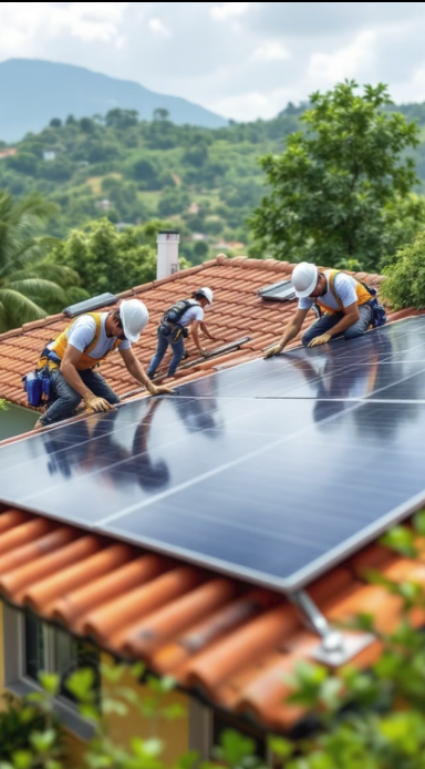 Técnicos instalando painéis solares